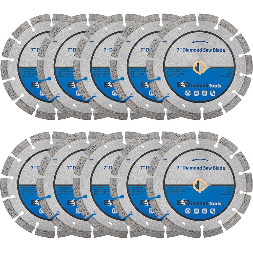 7" Segmented Diamond Saw Blade for Concrete, Brick, Block and Masonry, 10mm Segment Height, 7/8" Bushing w/Diamond Arbor, 10-Pack
