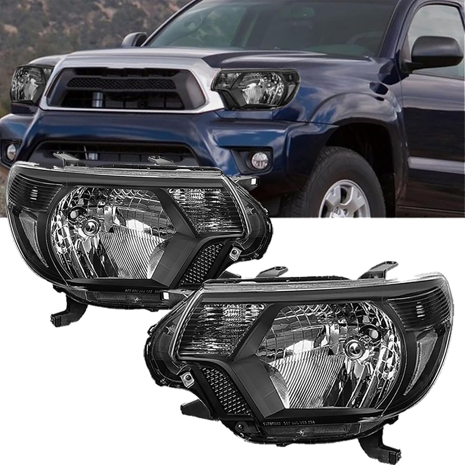 Chrome Headlights Assembly Fit For 2012 2013 2014 2015 Toyota Tacoma Black Housing Clear Reflector Halogen headlamp Replacement Driver Passenger Side