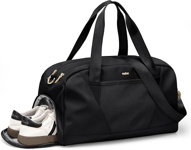 VININE Sport Duffle Bag for Women, Carry On Travel Bag with Shoe Compartment & Wet Pocket, Waterproof Weekender Overnight Gym Bag for Beach Camping Business Trip, Fits Under Airline Seat Black
