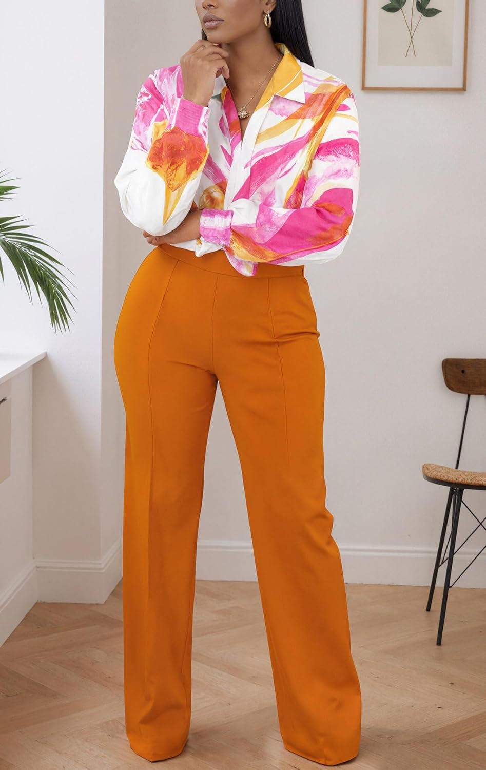 PINSV Women Printed Front Tie Blouse Balloon Sleeve Casual Party Cropped Boho Shirt Work Tops - Image 2