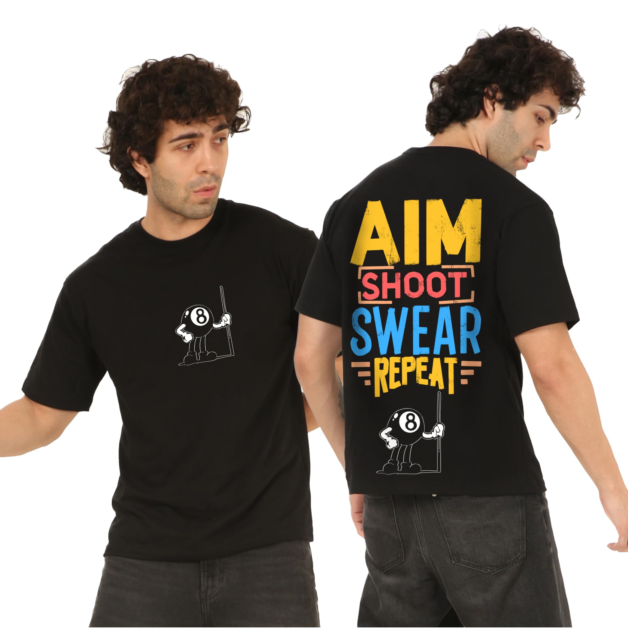 AWARA BACHASnooker Pool Billiards Design Oversized Black Tshirt for Men and Women Aim Shoot Swear Repeat Drop Shoulder Unisex Baggy Loose Fit T-Shirts