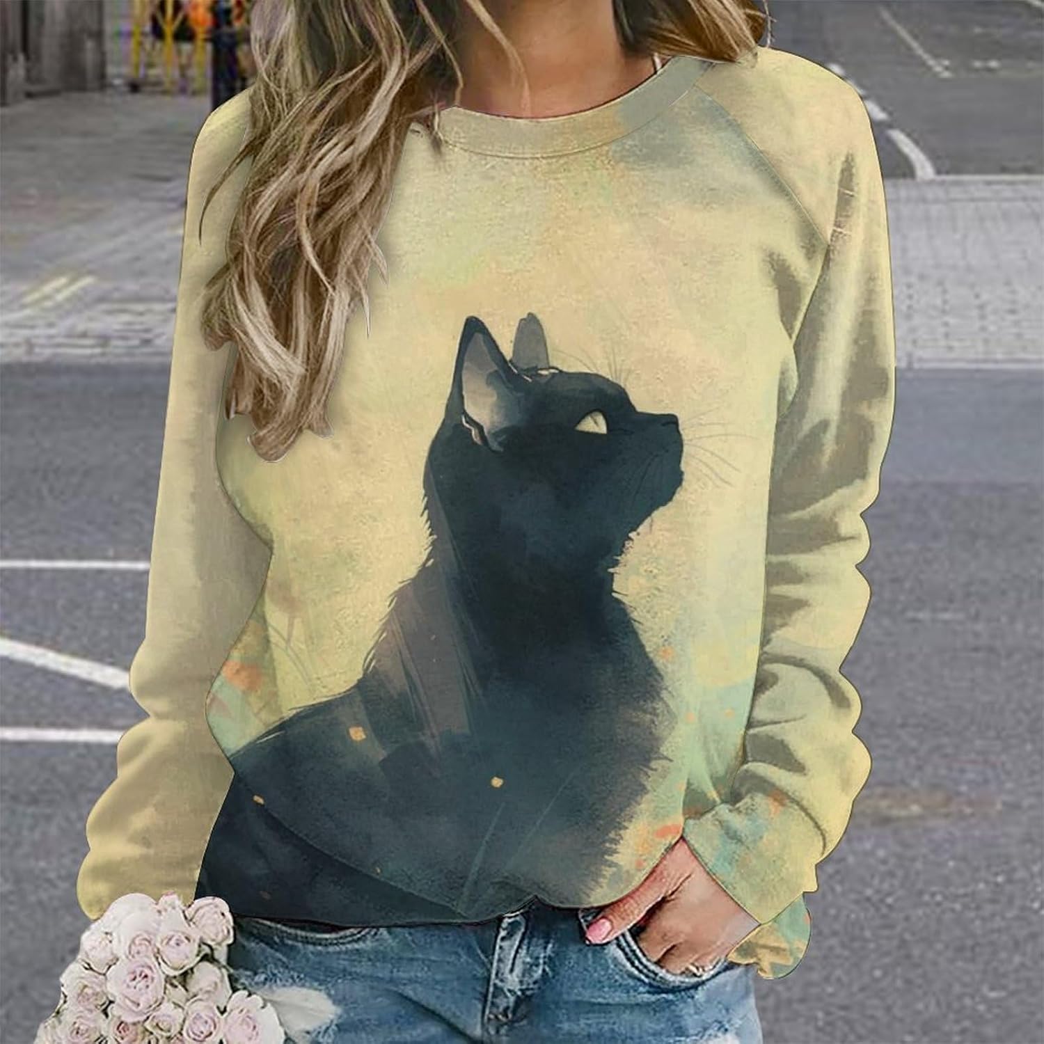 Long Sleeve Shirts for Women Cat Printed Fall Winter Dressy Holiday Casual Fashion Crewneck Tunic Tee Shirts - Image 2