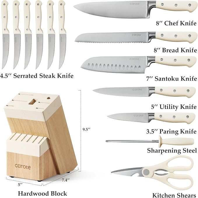 CAROTE 14PCS Kitchen Knife Set with Block, Stainless Steel Blade Knife Block Set, Knife Set with Built-in Sharpener, Razor-Sharp,White