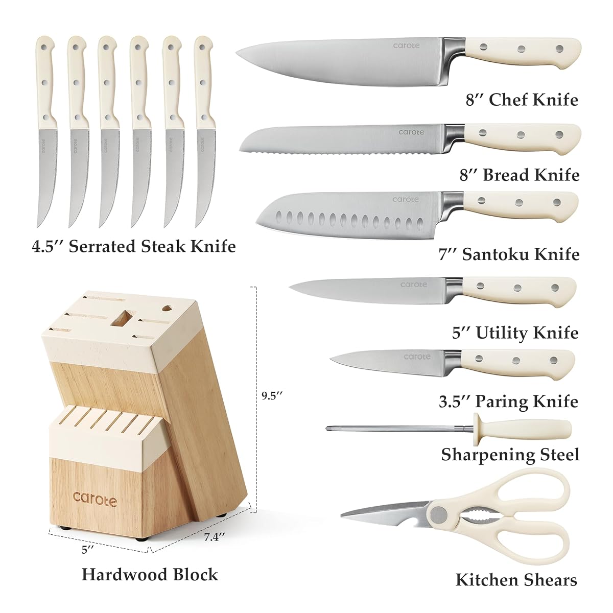 CAROTE 14-Piece Knife Set with Wood Block, Rust-Resistant, Cream Cream 14pcs image 1