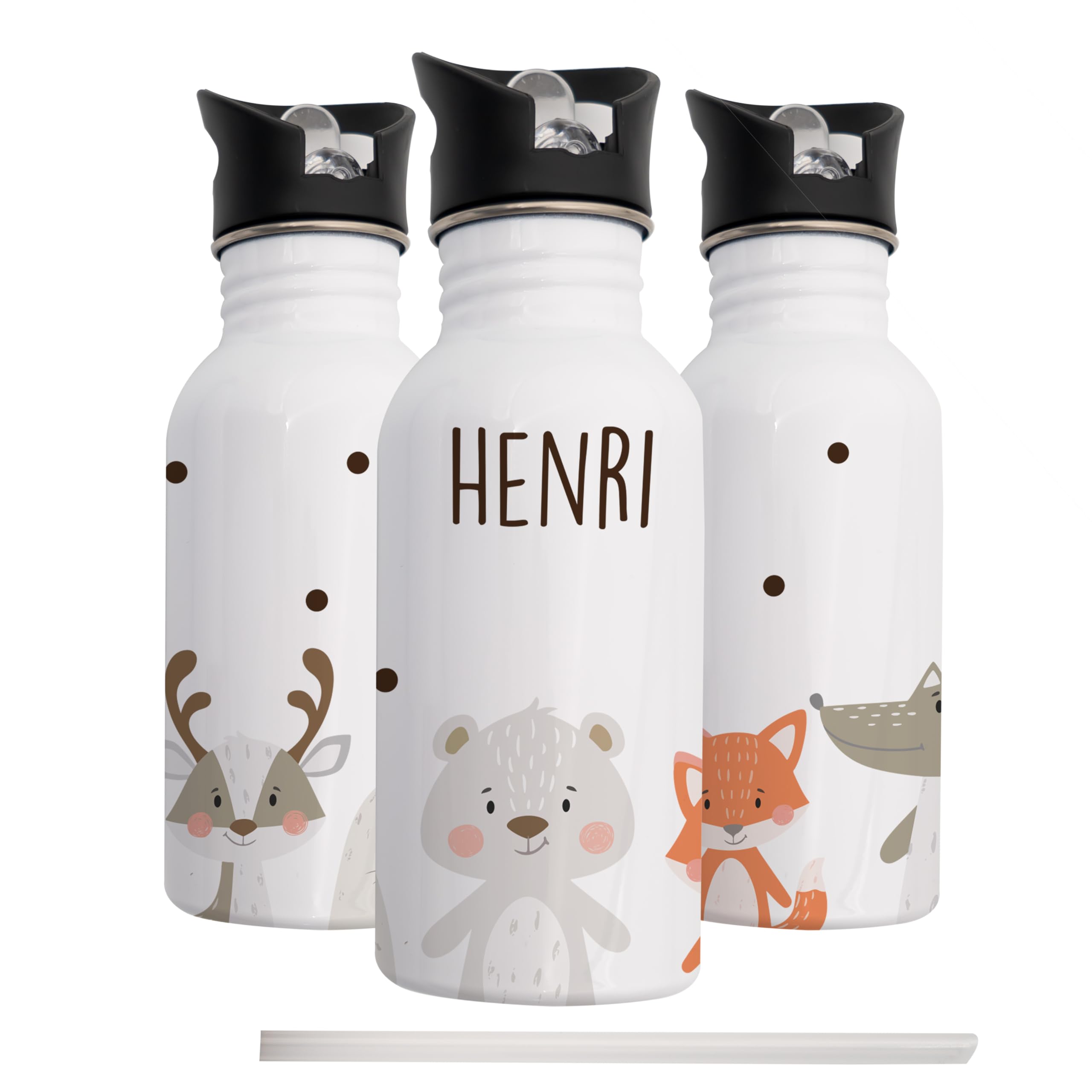 Kidsmood - Personalisierte Trinkflasche für Kinder aus Edelstahl, 500ml, Auslaufsicher mit Trinkhalm, Spülmaschinenfest | Für Schule & Kindergarten oder als Einschulungsgeschenk Mädchen und Jungen