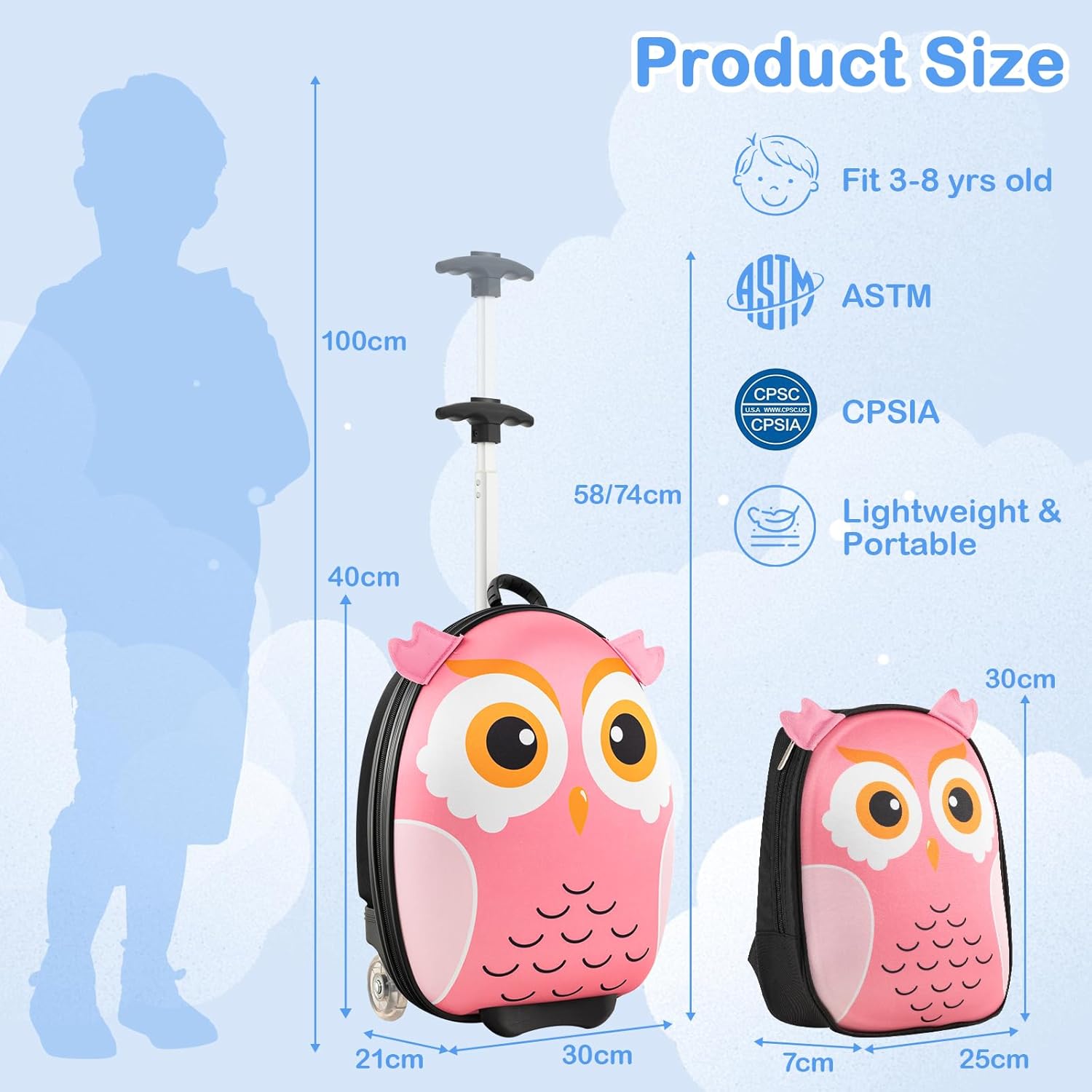 BABY JOY 2 Pcs Kids Luggage Set, 16" Rolling Suitcase w/ 12" Backpack, Airline Approved for Girls & Boys Children Toddlers, Kids Carry On Luggage with Wheels (Owl)