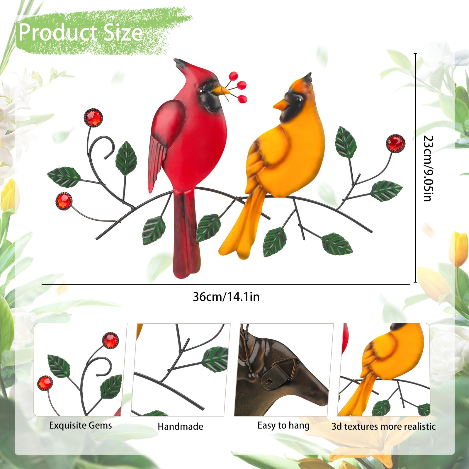 YIYA Metal Bird Wall Art - Colorful Cardinals Parrot Wall Decor for Bedroom, Living Room, Office, Garden, Patio