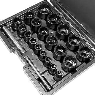 22pcs Bolt Nut Extractor Set Metric 8-27mm Impact Lug Removal Tool 1/2" and 3/8" Drive Wheel Lock Removal Kit for Extracting Damaged, Stripped Frozen Nuts & Screws Twist Socket Set