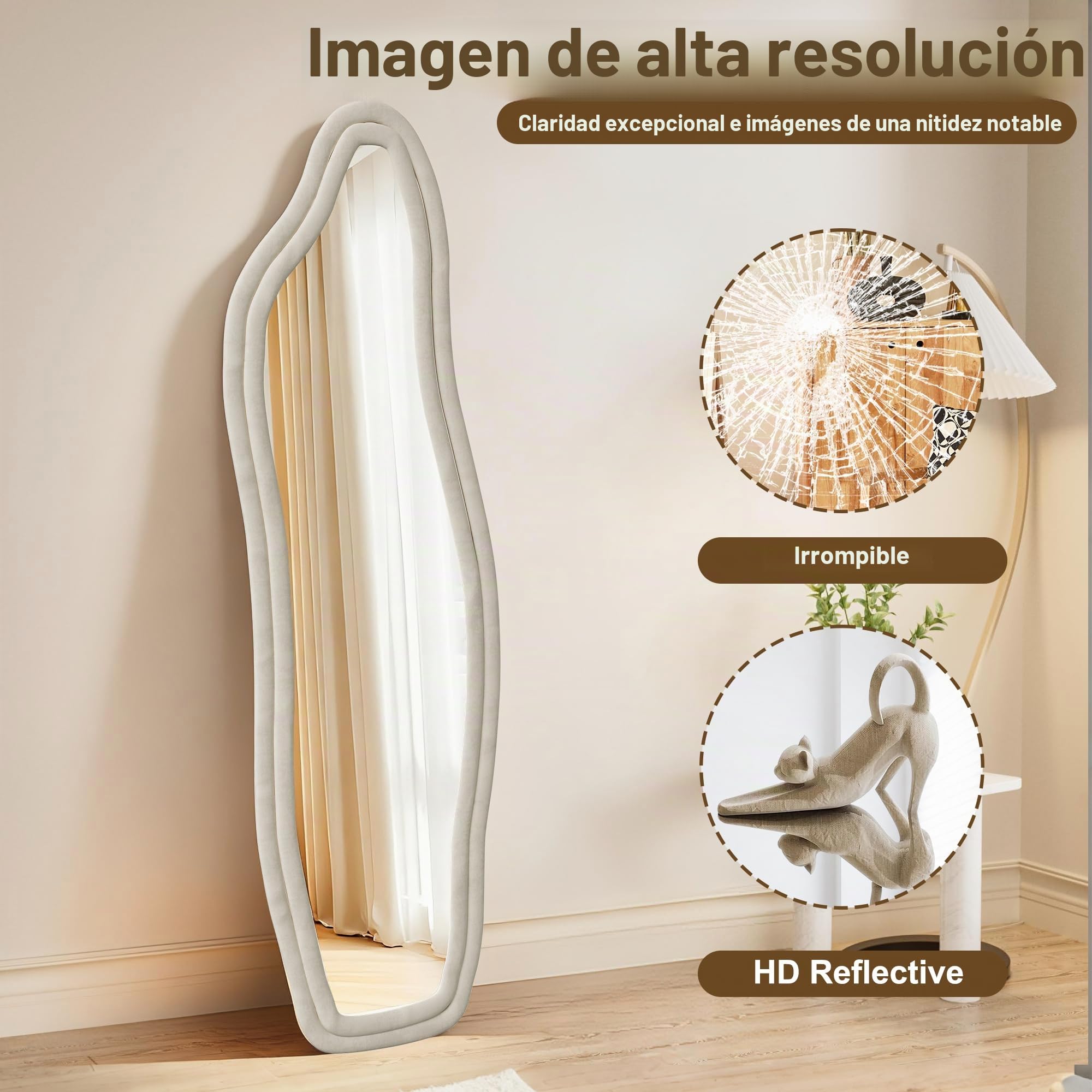 Espejo de longitud completa 160 x 50 cm, espejos de pie con marco de aleación de aluminio, espejo asimétrico irregular grande moderno nube espejo para dormitorio, baño y sala de estar, blanco