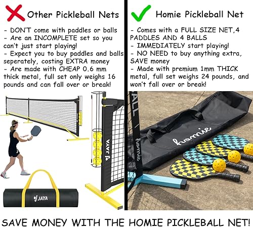 Miniatura 2 de Homie Set de red portátil de pickleball con 4 raquetas, 4 bolas, bolsa de transporte tipo mochila, tamaño de regulación de 22 pies, fácil de montar