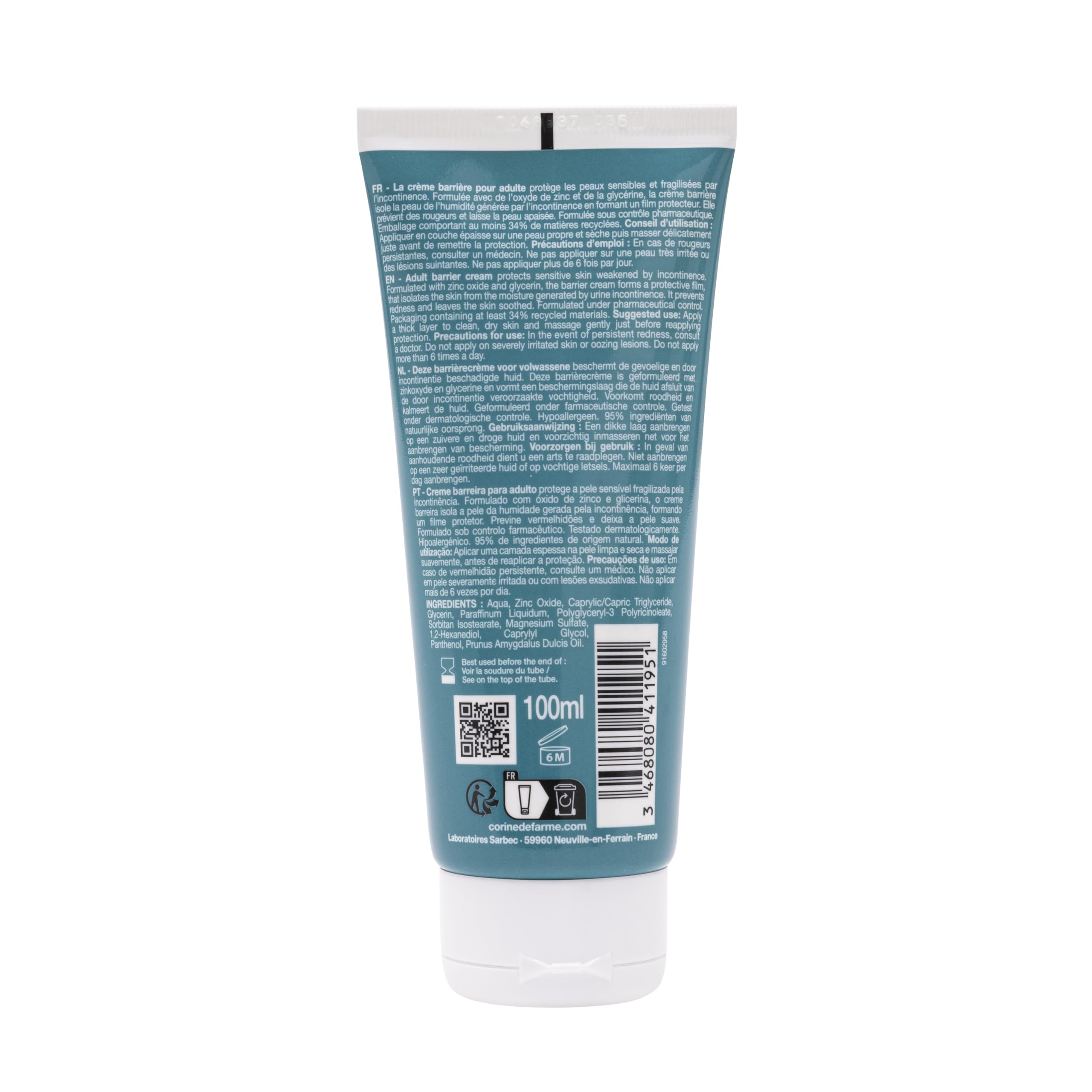 Corine de Farme Crème Barrière Adulte Oxyde de Zinc 100ml Protection Peaux Sensibles