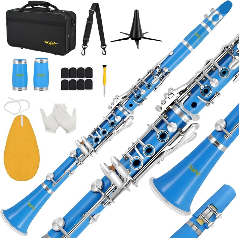 Bb Clarinet 17 Keys Flat B Clarinet for Beginners & Students Blue | with Case,Stand,Strap,2 Barrels,8 Mouthpiece Cushion and White Gloves