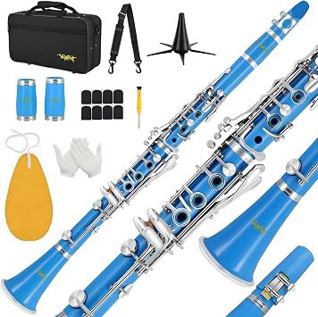 B Flat Clarinet, 17 Keys, Blue, ABS Material, Nickel-Plated Keys, Includes Case, Strap, 2 Barrels, 8 Mouthpiece Cushion, Cleaning Kit