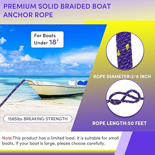 Vista 178 de Cuerda de anclaje premium de 100 pies x 3/8 pulgadas, cuerda marina de línea de anclaje MFP trenzada sólida con dedal y grillete, color negro