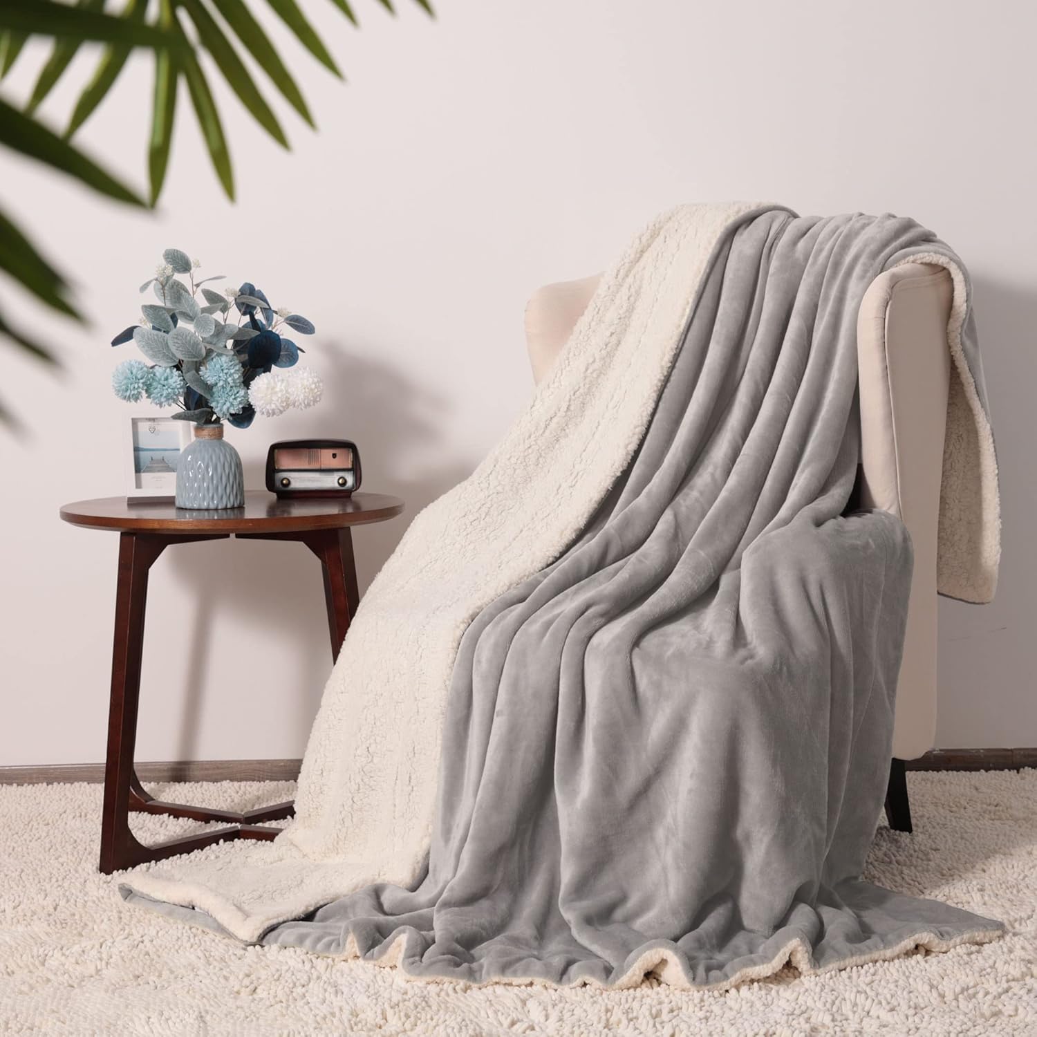 NANPIPER King Size Sherpa Blanket, Soft Fleece Throw for Bed, Reversible Thick Fuzzy Blanket for Winter (Light Grey, 90x108 inches) - Image 2
