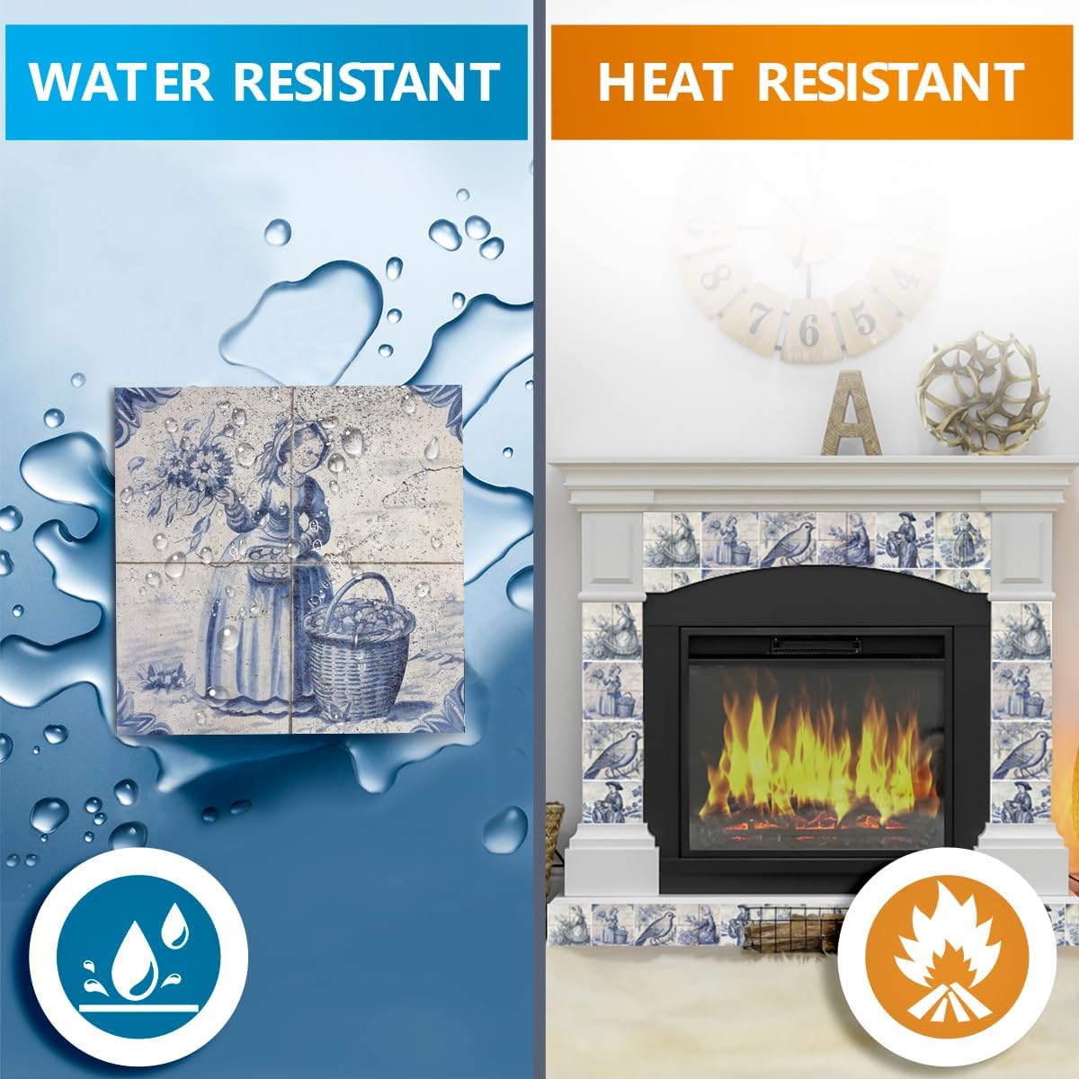 Mi Alma Delft Peel and Stick Tile Stickers, 24 Patterns, 6x6 Inch, Blue, Geometric, Rustic, Waterproof, Vinyl, Wall Decal