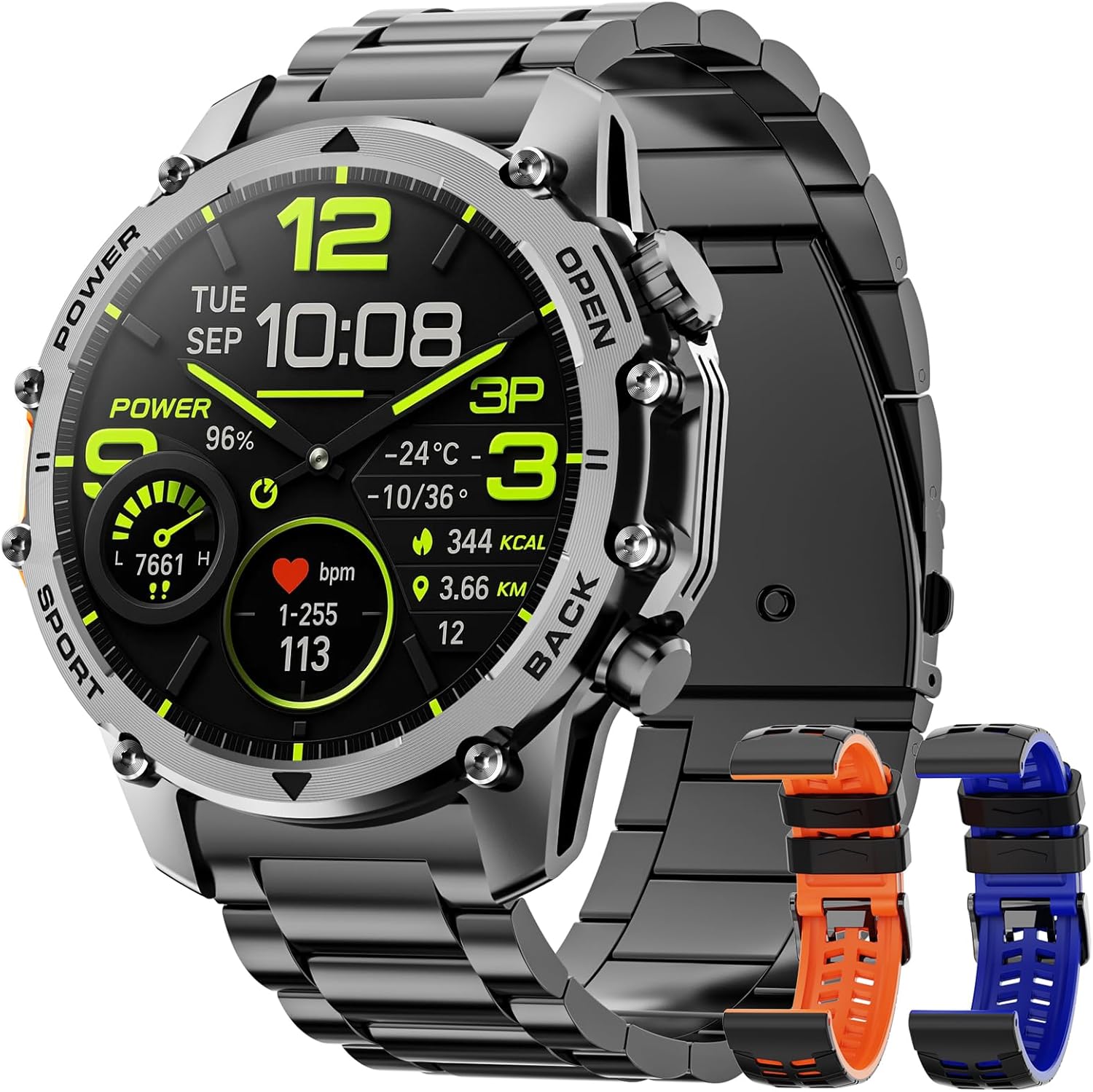 Smartwatch da uomo con torcia, Smartwatch militare HD da 1,52 pollici con batteria da 500 mAh (7-20 giorni di vita), Smartwatch da uomo con 110+ Sport Fitness/Frequenza cardiaca/SpO2/Sonno per Android iOS