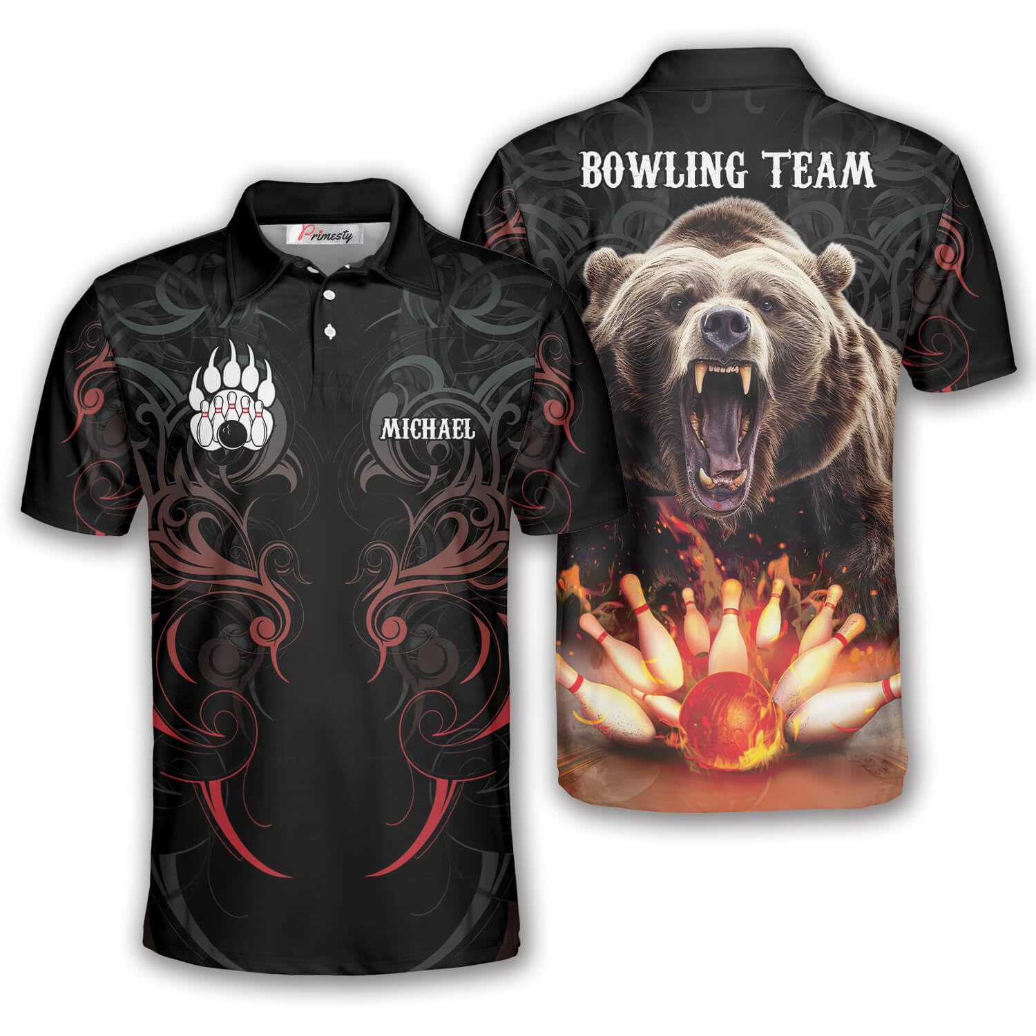 PRIMESTY Custom Bowling Shirts for Men and Women, Bear Bowling Polo Shirts, Personalized Bear Bowling Jerseys