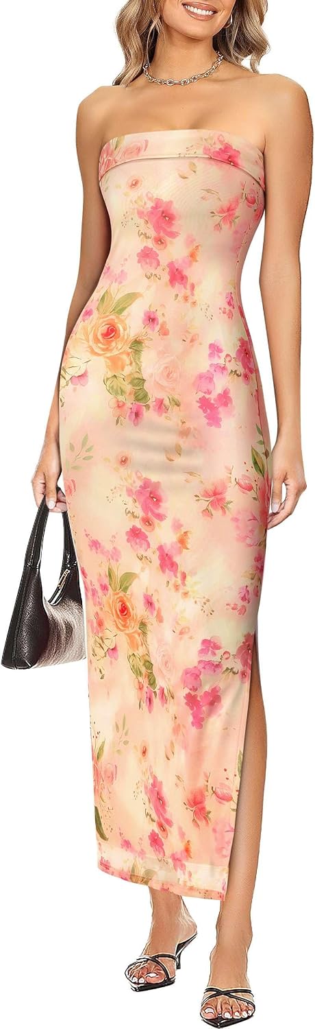 VFSHOW Womens Sexy Strapless Semi Formal Tube Bodycon Maxi Dress 2026 Summer Side Slit Wedding Guest Cocktail Party Dresses