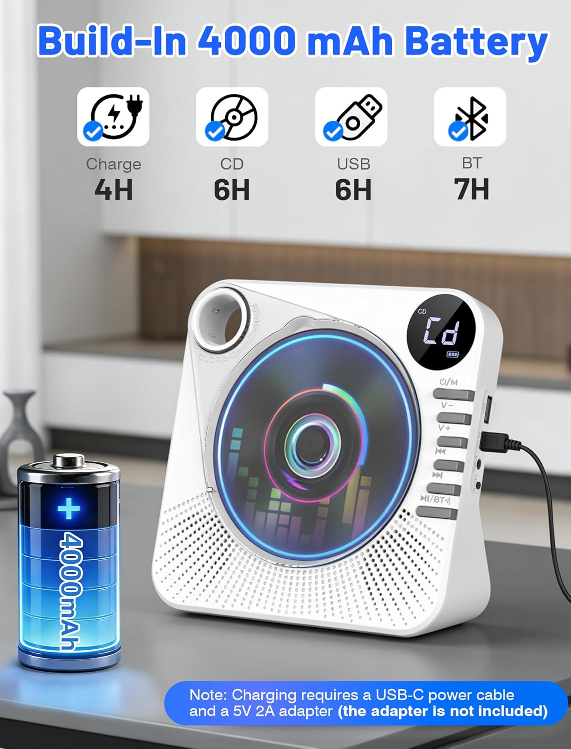 Portable CD Player with Bluetooth, 4000mAh Recheageable Desktop CD Players for Home, CD Music Player with Speakers,Remote Control,LCD Display, AUX, USB, Headphone Jack