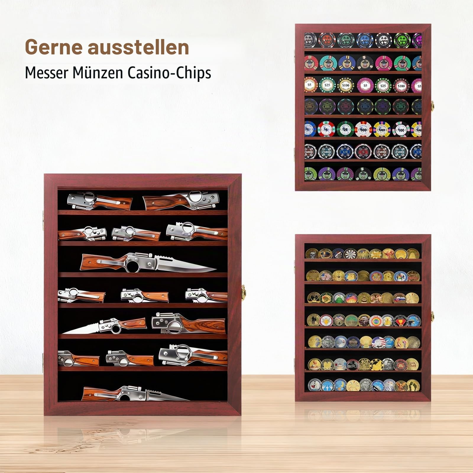 Grintus Taschenmesser-Vitrine 7-stöckige Messersammlung Display Box für Wand Klappmesser Schrank mit UV-Schutz Acryl abschließbar groß Mahagoni | Wandhalterung Holzrahmen Messerschrank Gold Diebstahlsicherung Filzfutter UV-Schutz Acryl 7 Abnehmbare Anti-R