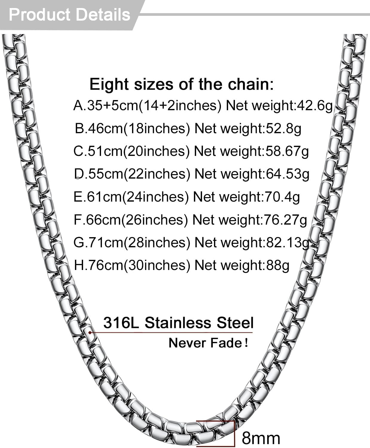 U7 Flat Box Chain Necklace for Men, Silver/Black/Gold Plated Stainless Steel Cuban Link Chain Necklaces for Mens Womens, 2/4/6/8mm Width, 14-30 Inches Length, Durable Hip Hop Jewelry with Box Packed - Image 8