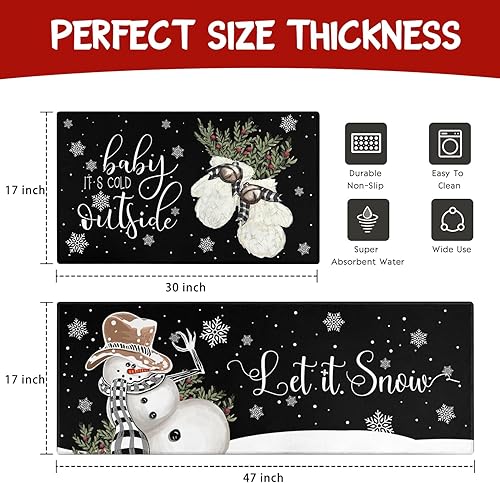 Miniatura 6 de Juego de 2 alfombras y tapetes de cocina de Navidad, muñeco de nieve de invierno, con guantes de punto para fregadero de Navidad, antideslizantes,