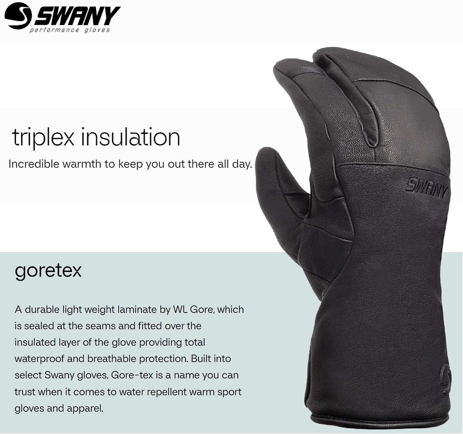 Swany Men's Valcan Trigger Finger Mitt - Waterproof Weatherproof Insulated Softshell/Leather Mittens for Winter Protection