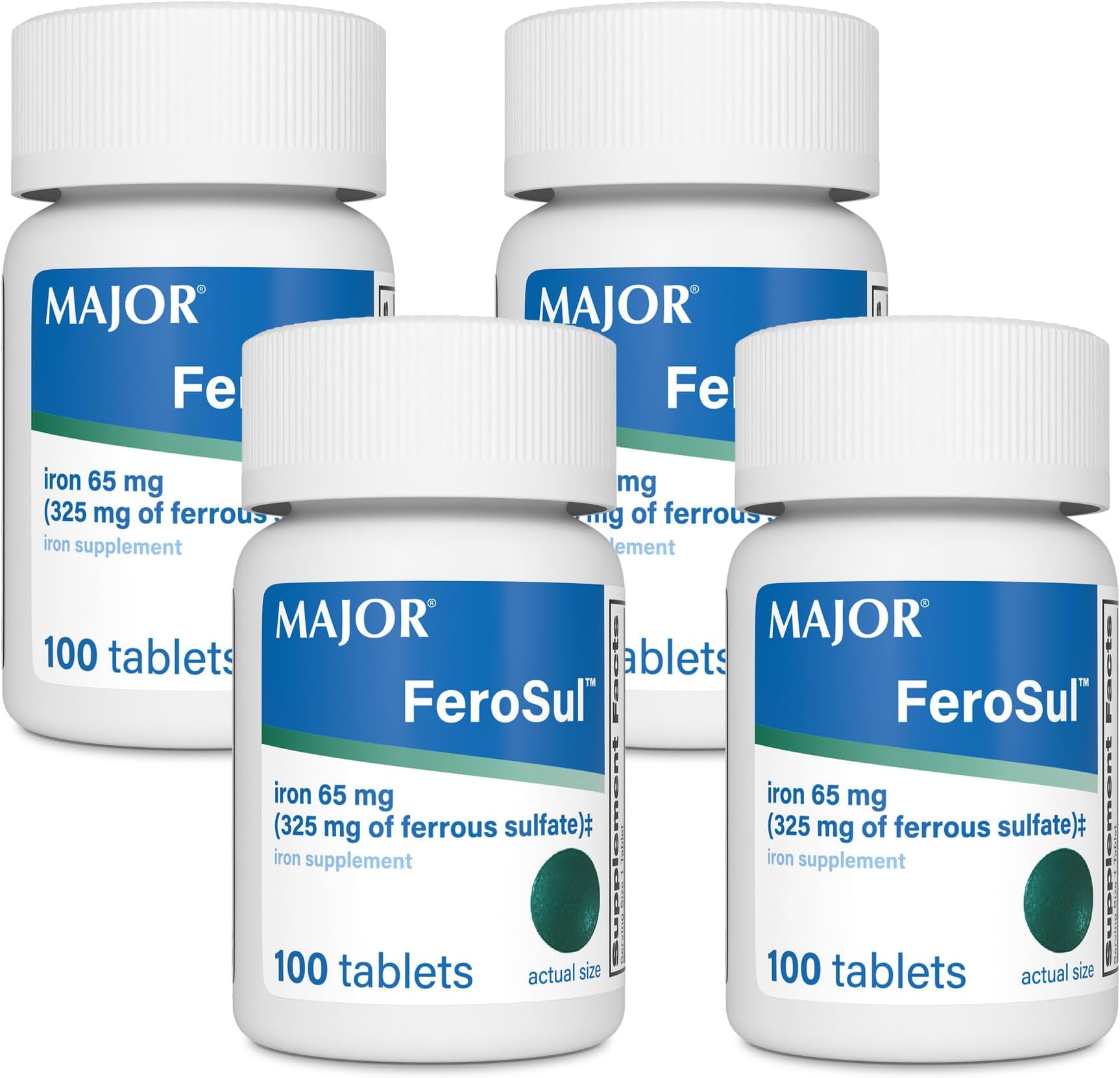 Major Ferosul - Ferrous Sulfate 325mg Tablets with 65mg of Elemental Iron - Iron Supplement for Women, Men - Green - 100 Count (4 Pack)