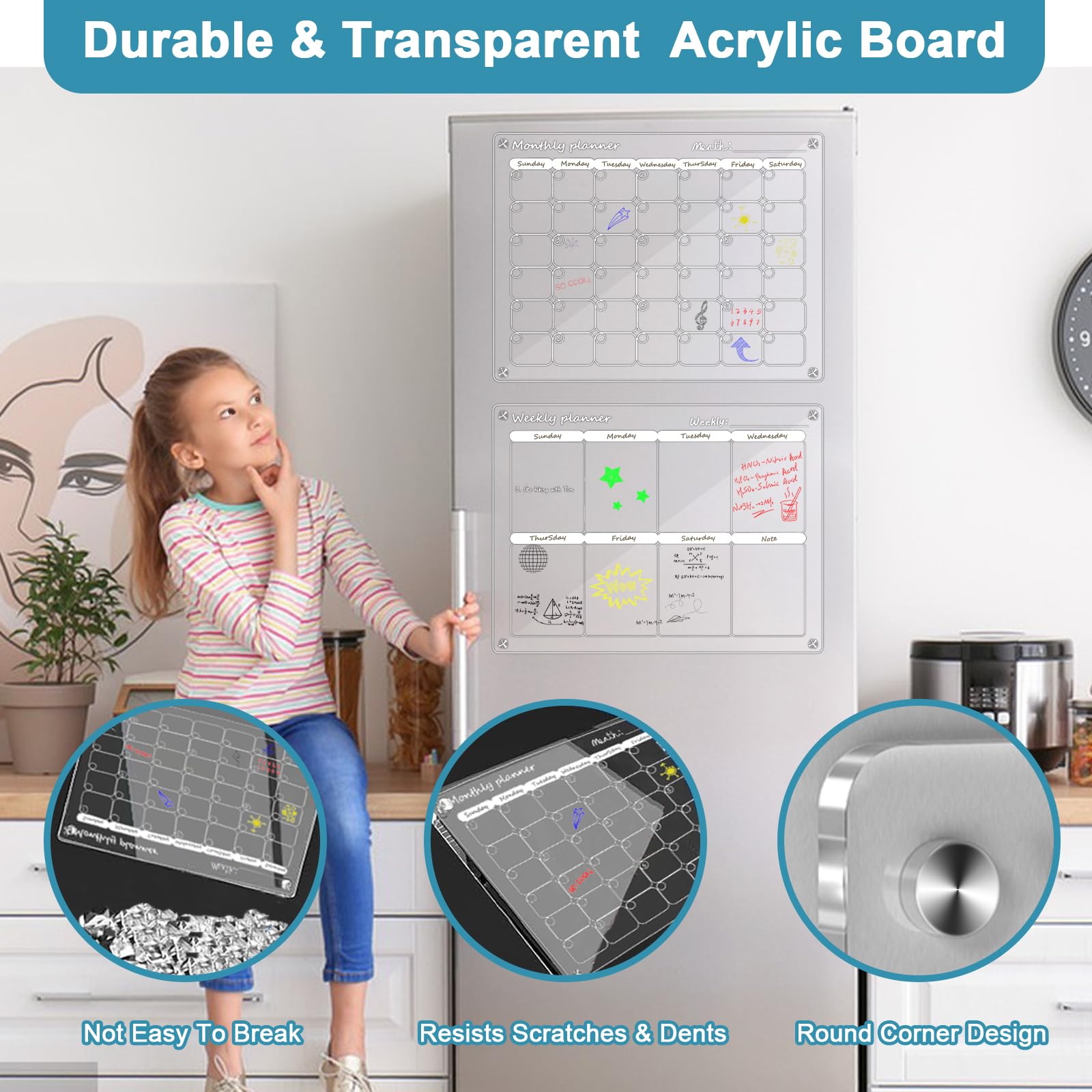 2 pezzi di calendario magnetico in acrilico, lavagna riutilizzabile per il frigorifero, chiara agenda familiare con gomma a secco magnetica, 6 pennarelli per pasti, menu, spesa, promemoria