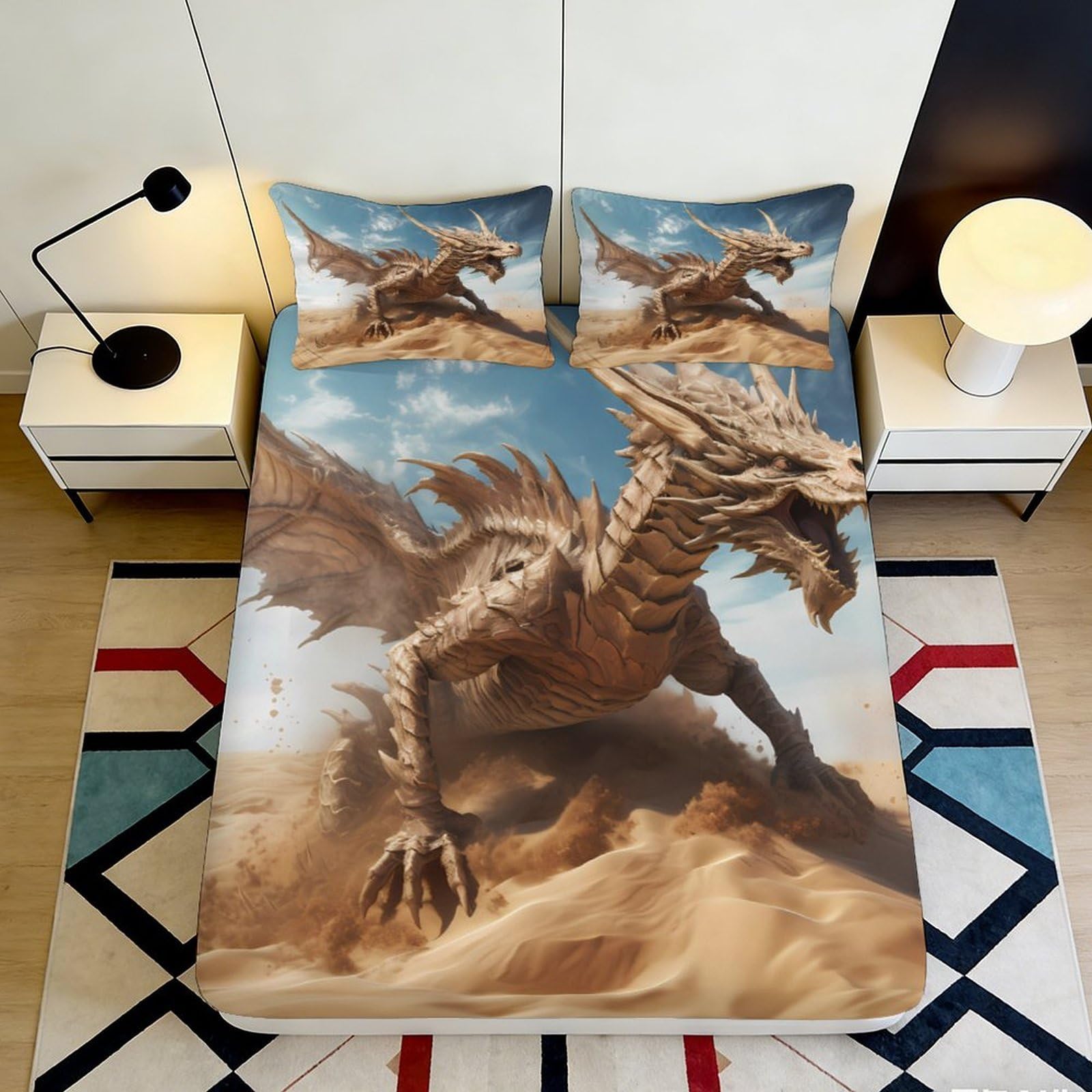 3D Printed Desert Dragon Fitted Sheet Microfiber Soft Sand Storm Bed Cover for Bedroom Dorm Mattress Protection Decor 90x200x25cm