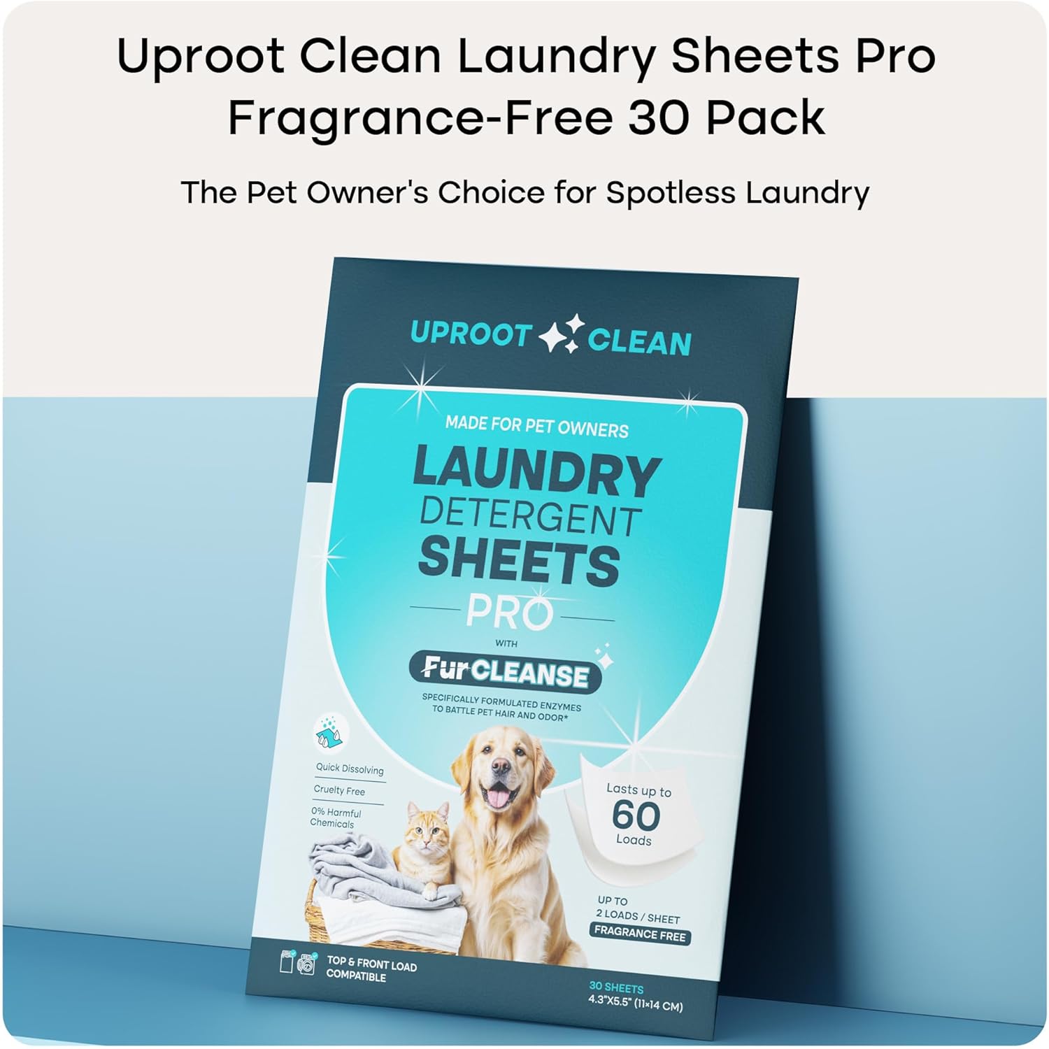 Uproot Clean Laundry Sheets Pro - 30 Pack - Fragrance-Free: Mineral-Powered Laundry Detergent Sheets Travel Pack - Eliminate Clinging Fur, Pet Odors, & Messy Residue - Up to 60 Loads