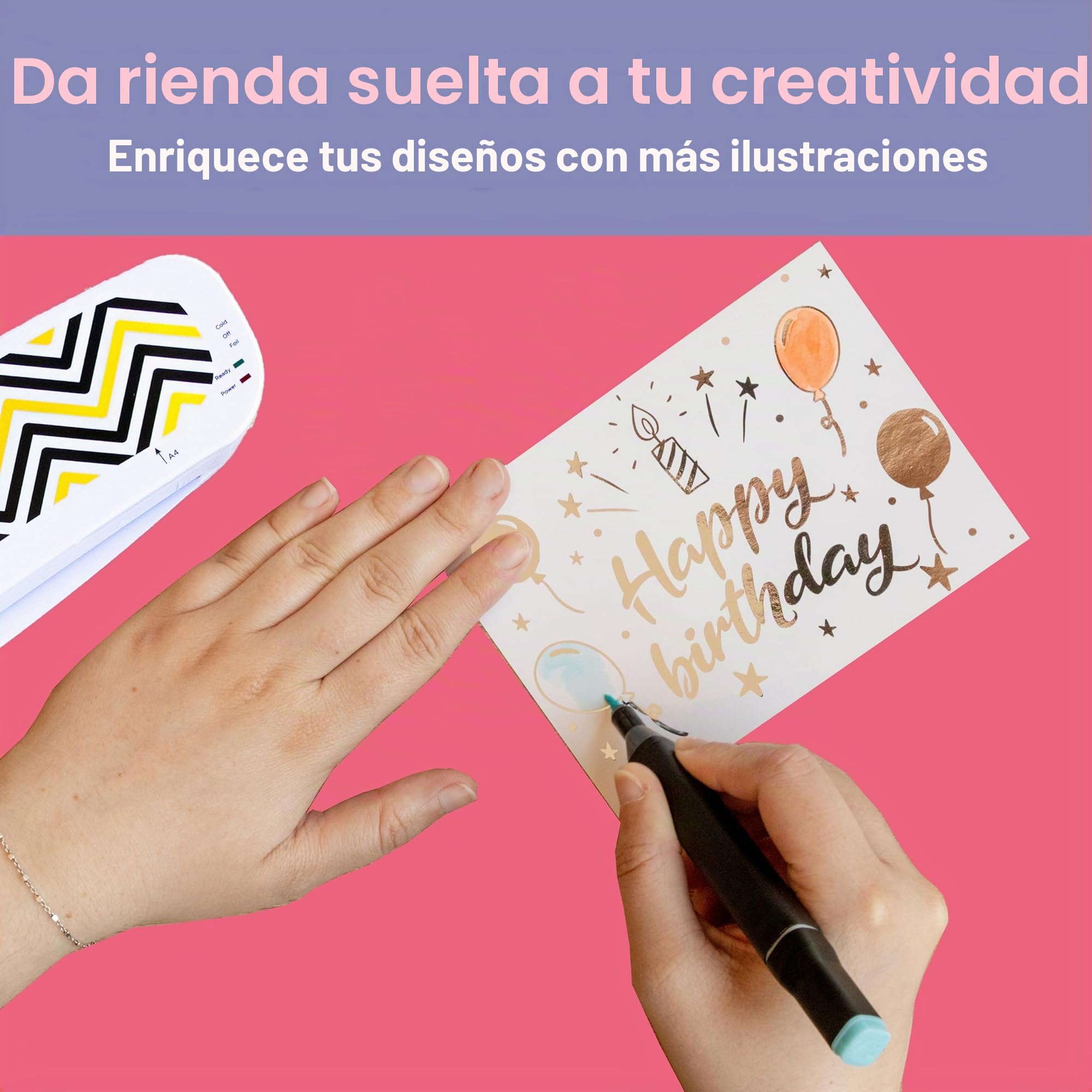 Crafts&Co® Hot Foil Applicator | Incluye 5 Láminas Plateadas y 5 Doradas, 10 Tarjetas A6 Impresas + 1 Carpeta Transparente | Blanco
