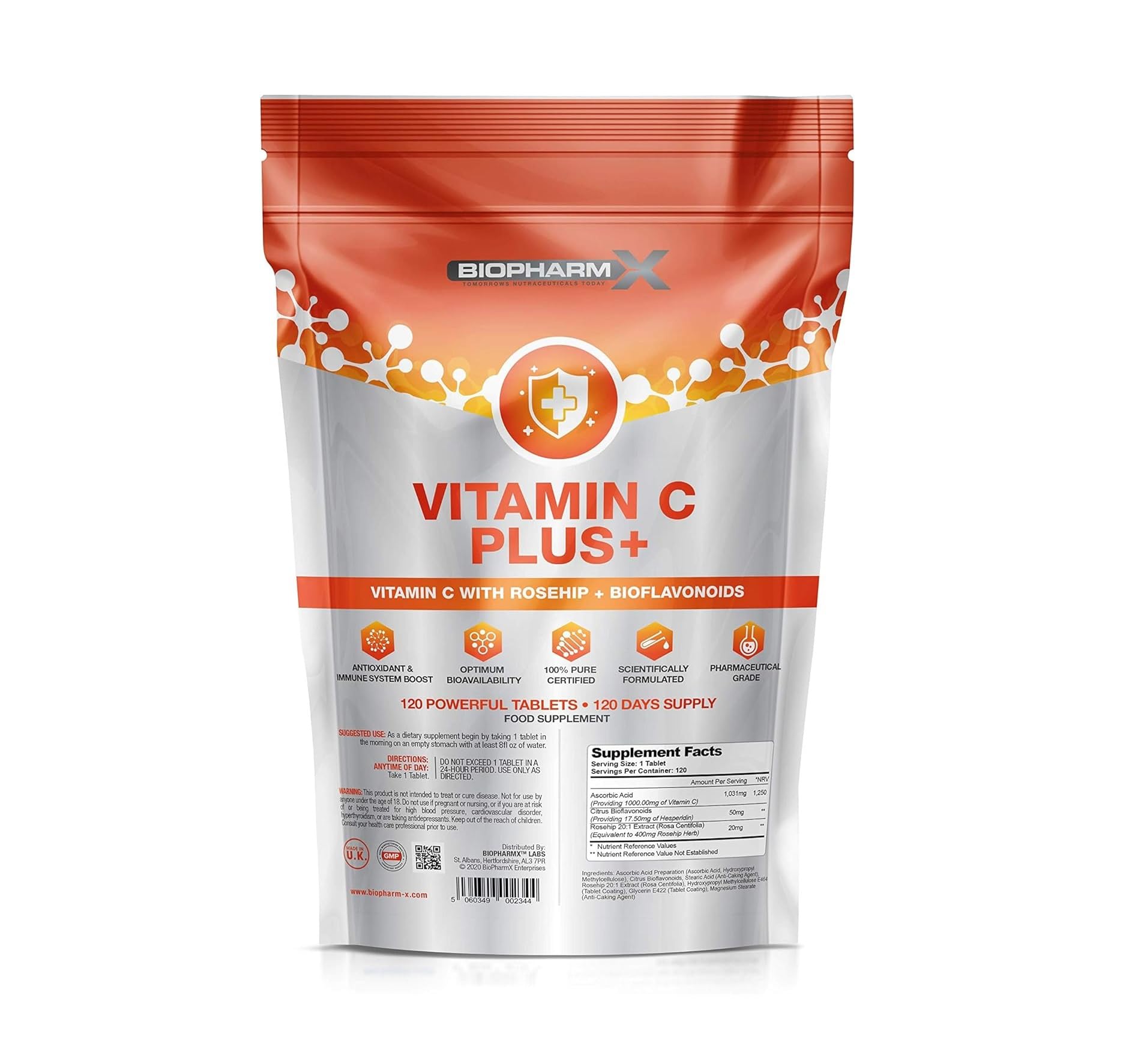Maximum Strength Vitamin C 1000mg + Rosehip & Bioflavanoids (4 Month Supply) 100% Pure Certified - Suitable for Vegans & Vegetarians