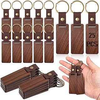 Roisin 25個の木製キーホルダーブランク、長方形の木製キーホルダーブランク、レザーストラップ付き彫刻ブランクキーチェーン
