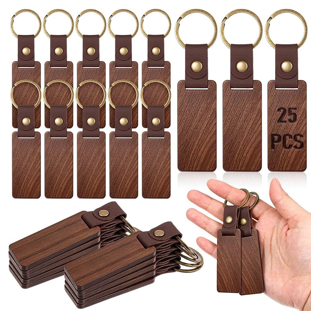 CTRLZS 25PCS Wooden Keychain Blanks Rectangle Wood Keychain Blanks with Leather Strap Engraving Blanks Key Chain