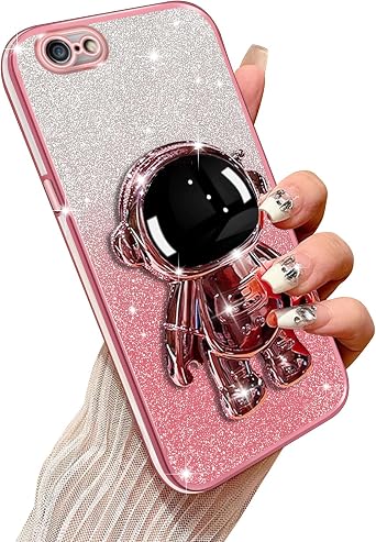 Phone Case for iPhone 6/6s with Astronaut Kickstand and Lanyard Soft TPU Bling Clear Shockproof Protection Cover for iPhone 6S Case, Rose Gold