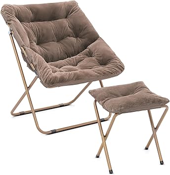 Cozy Saucer Chair, Living Room Chair, Faux Fur Soft Thick Padded Folding Chair, Comfortable Square Moon Chair for Living Room, Bedroom, Reading Nook, Modern Style, Light Brown