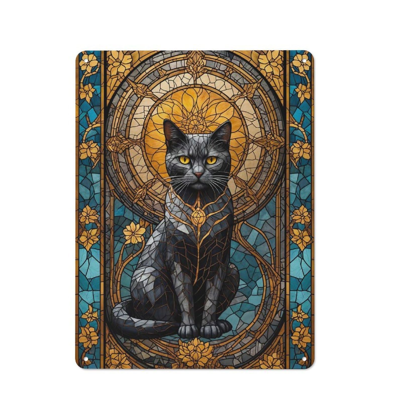 Junmoney Black Cat Stained Glass Shed Metal Sign With Design 40X30cm, Outdoor Room Shed Wall Decor For Shed, Garden Room, Porch Or Garage