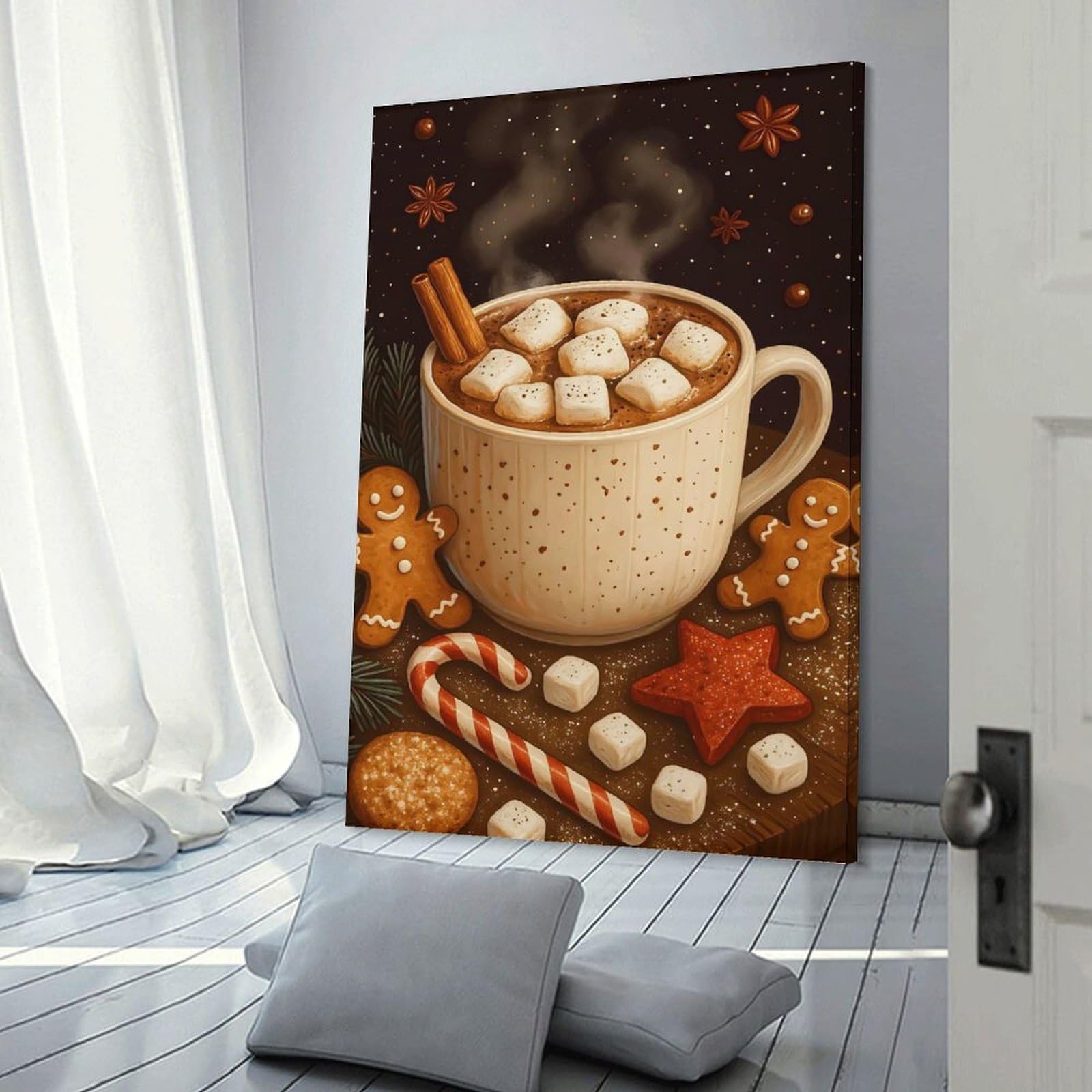 Junmoney Cozy Hot Chocolate Scene Dreams Canvas Wall Picture, 20x30inch(50x75cm), for Wall Displays, Bedrooms Or Room Updates, Wall Decor Suited to Curated Displays