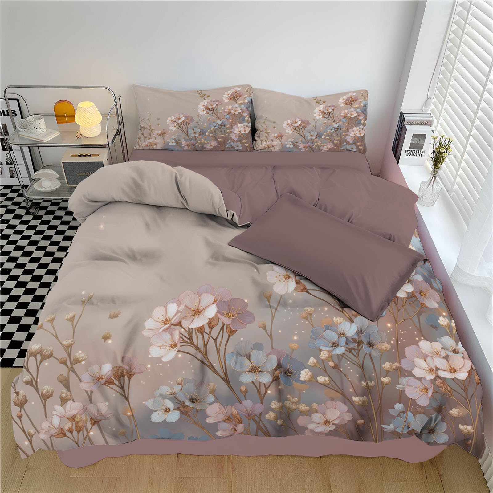 Housse de couette microfibre douce 140x200 cm parure lit fleurs de rêve rose