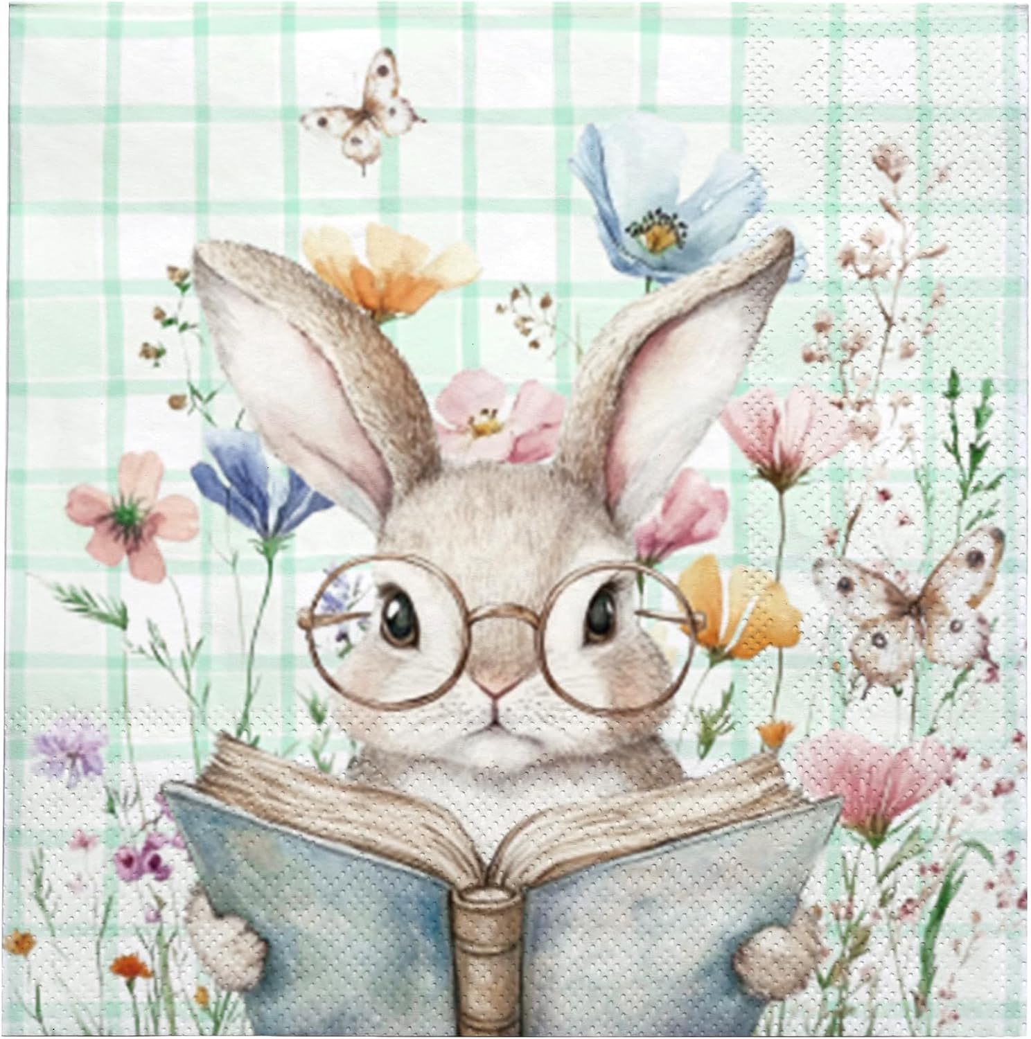 LeZakaa 50Pcs Easter Bunny Paper Napkins, 3-Ply Cute Rabbit Reading Book Design Cocktail Beverage Napkins, Disposable Guest Hand Towels, 5 x 5 Inch Folded, Spring Garden Party Decorations