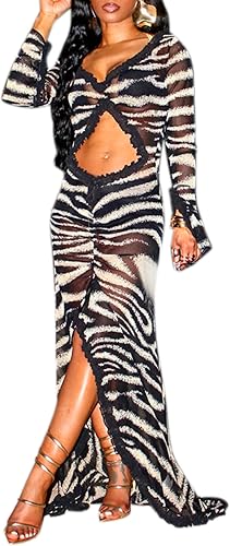 Sedrinuo Womens Long Sleeve Mesh Maxi Dress V Neck Hollow Ou