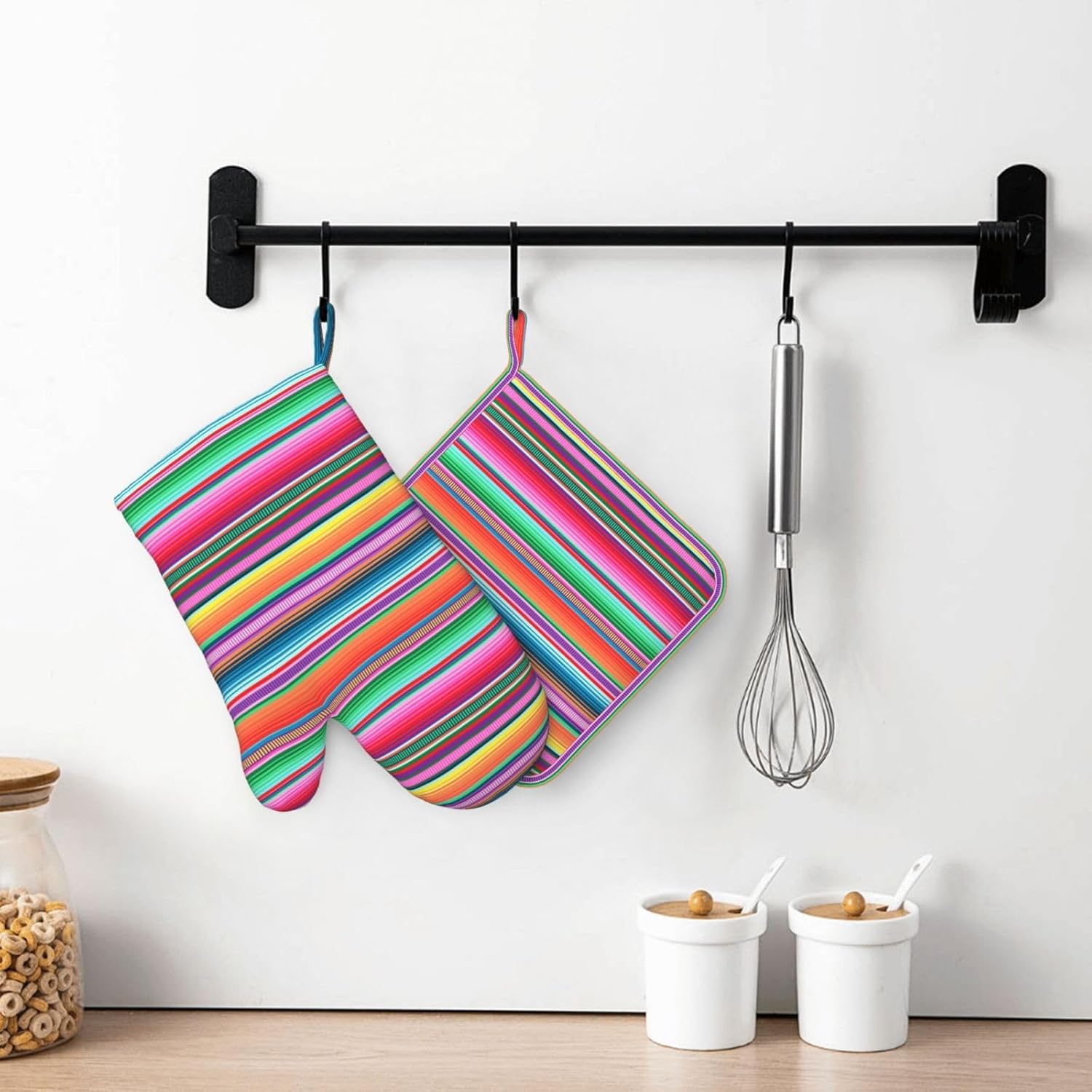 Mexican Colorful Stripe Oven Mitts Pot Holders Set Silicone Vertical Lines Bright Colors Kitchen Oven Mitts Heat Resistant Potholders Non-Slip 4pcs Hot Pads and Oven Gloves Sets for BBQ
