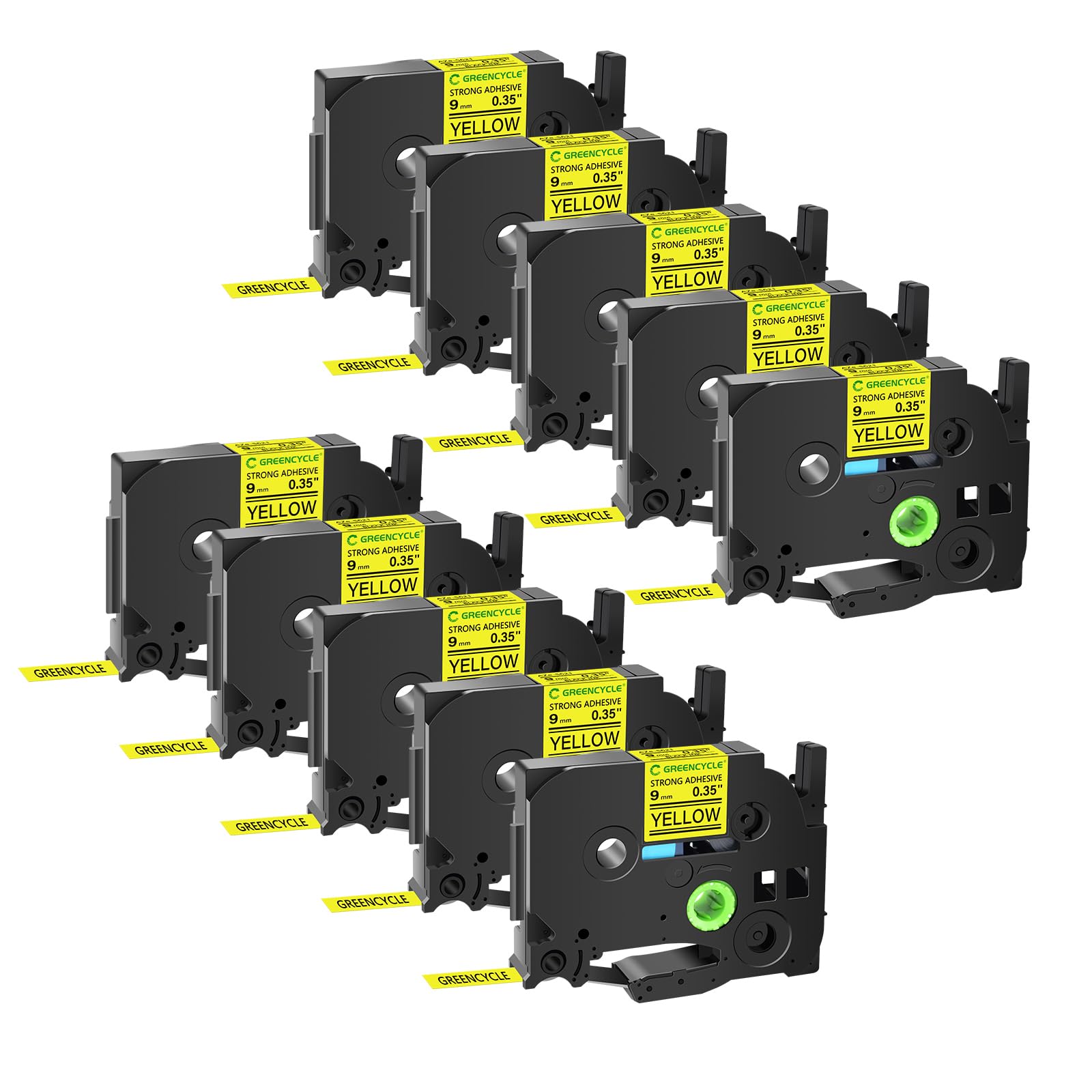 GREENCYCLE Extra Strength Label Tape TZe-S621 9mm 0.35" Laminated Yellow Compatible for Brother P-Touch TZeS621 TZ-S621 TZe TZ 3/8 inch Black on Yellow Label Tape for PT-D200 PT-D210 PT-D220, 10 Pack