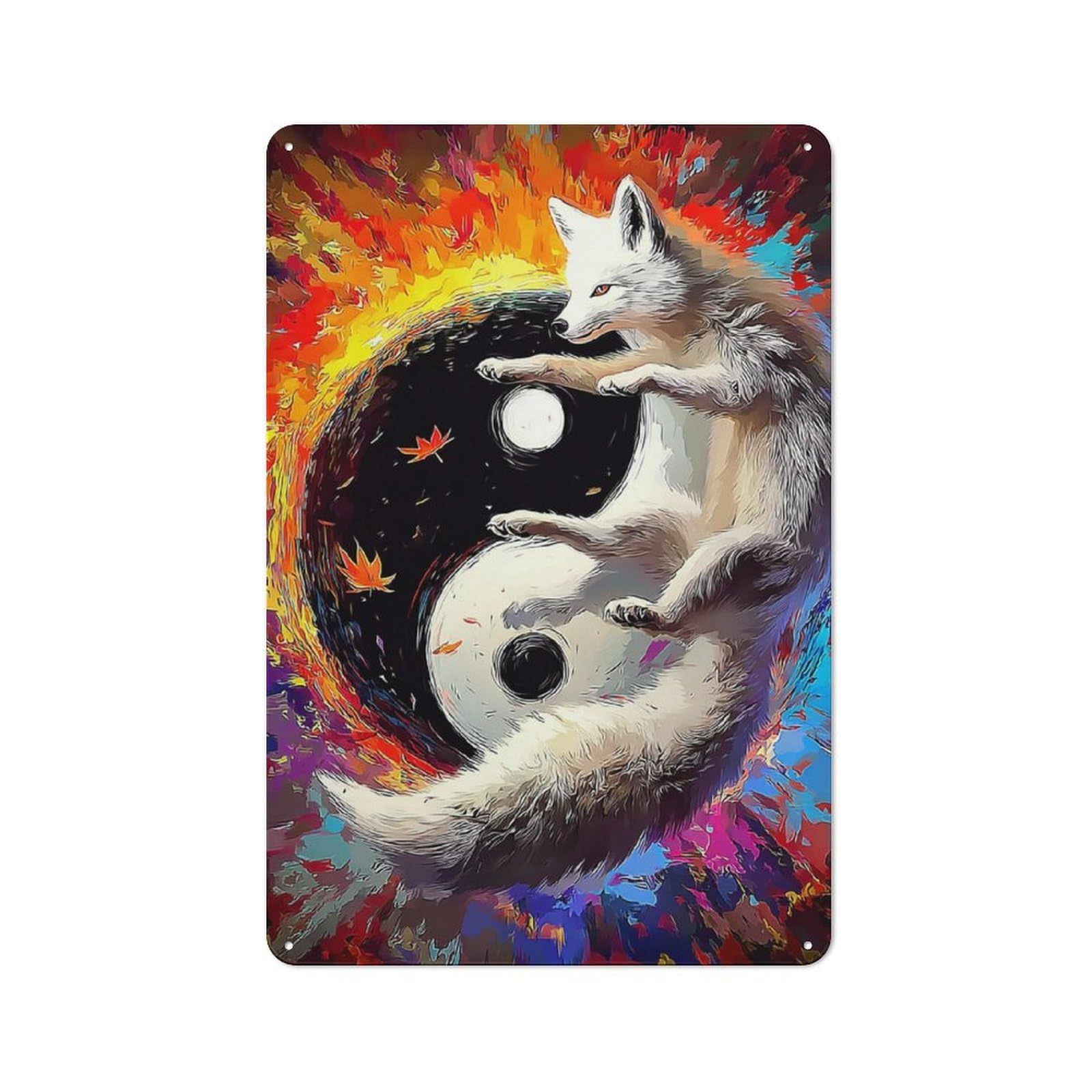 Junmoney Yin-Yang Fox Harmony Artwork Tin Wall Plaque 30X20cm With For Kitchen Or Home Bar, Suited To Kitchen Decor Lovers