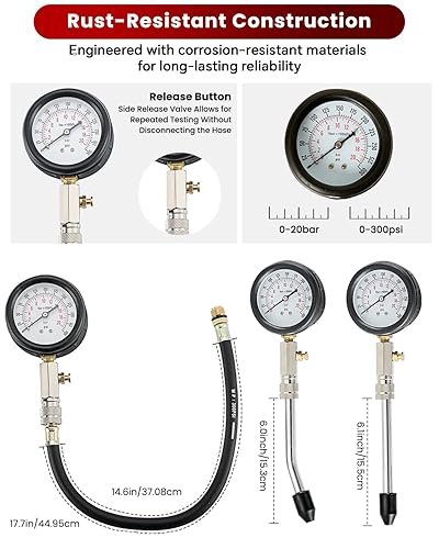 Miniatura 4 de ATPEAM Probador de compresión de motor de gasolina 8PCS Kit de medidor de presión de cilindro para motores de gas, 0-300PSI