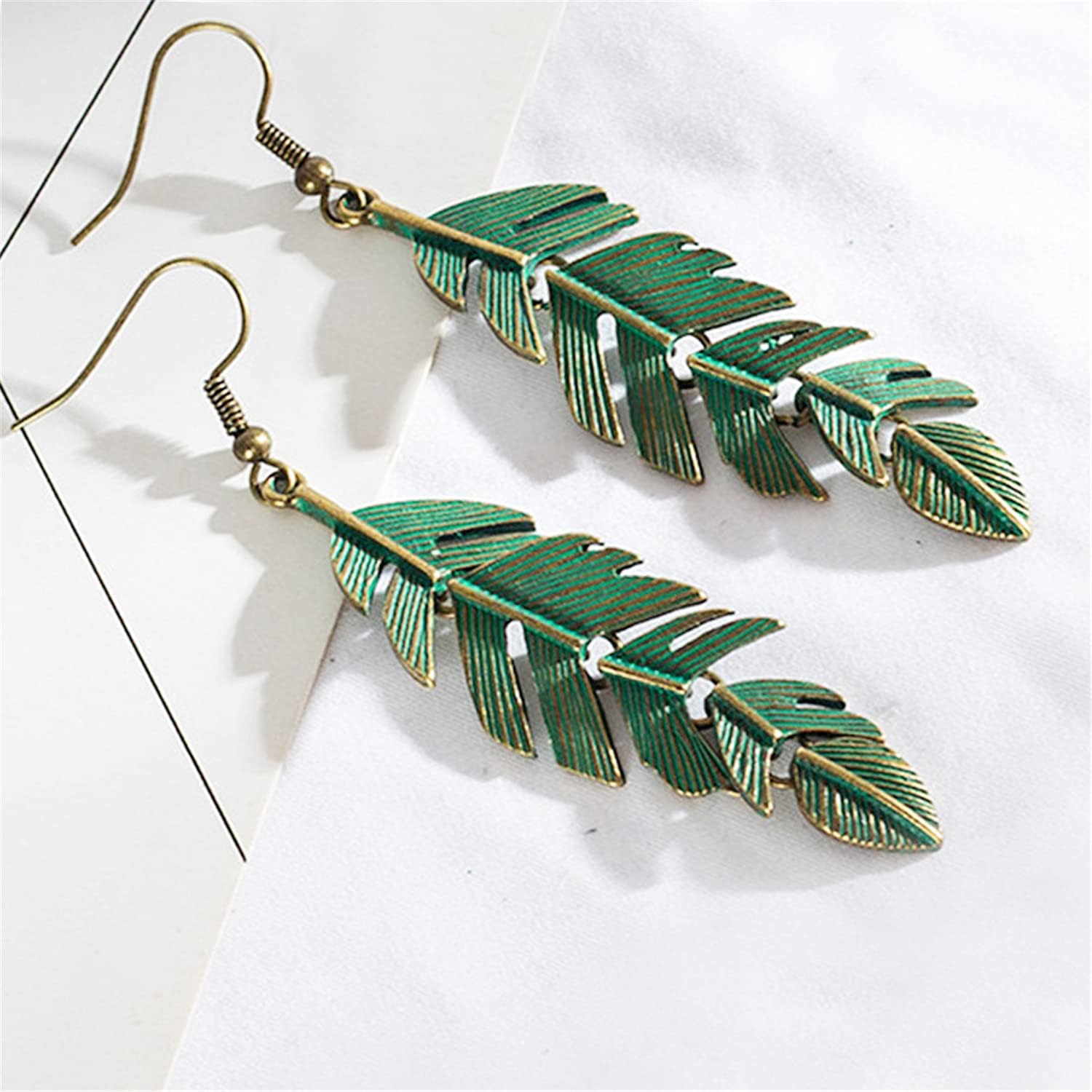 ANDPAI Handmade Boho Floating Feathers Dangle Drop Earrings Lightweight Vintage Green Bronze Statement Leaves Earrings with Detailed Texture Earring for Women - Image 9