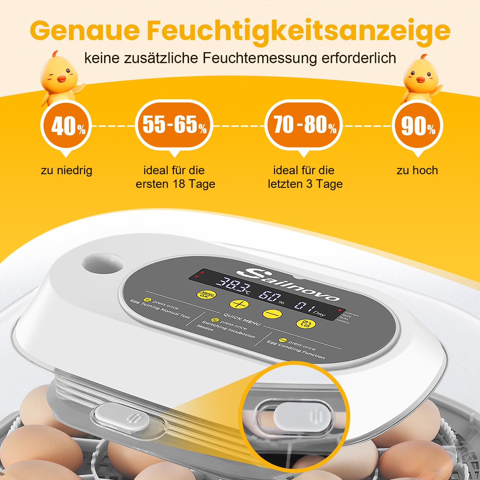 Incubadora Sailnovo para 24 Huevos con 4 Modos, Incubadora de Huevos con Volteo Automático y Monitor de Humedad, Lámpara de Huevo, Incubadora Huevos Gallina Vista 360° con Ventana Transparente, Gris