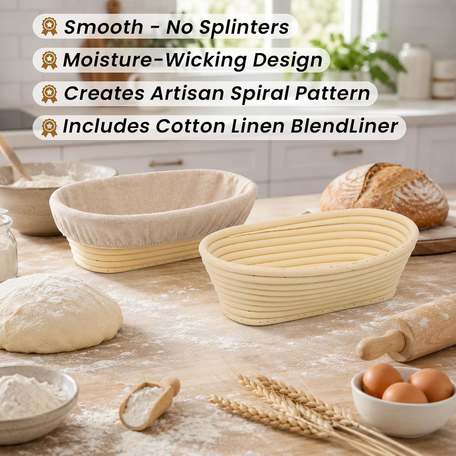 10 in Banneton Bread Proofing Basket, 5 Pack Oval Sourdough Banneton Basket with Liners, Large Banneton Basket for Bread Proofing, Oval Banneton Basket for Homemade Sourdough